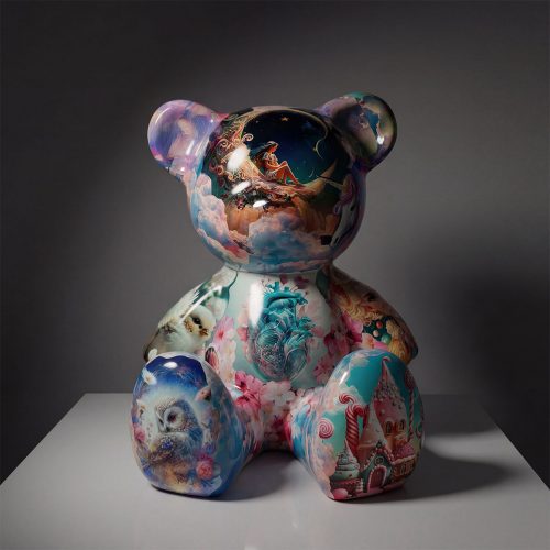 figure bear sculpture in glossy fiberglass with pastel fantasy artwork, whimsical realistic style for display or mall advertising