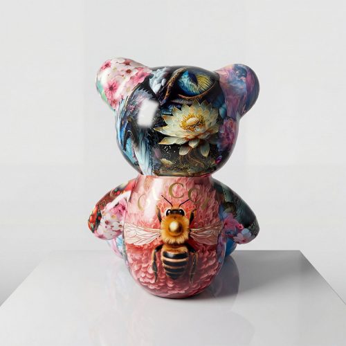 sculpture bear figure in glossy fiberglass with floral and bee motif, colorful artistic advertising or decor piece for mall or event