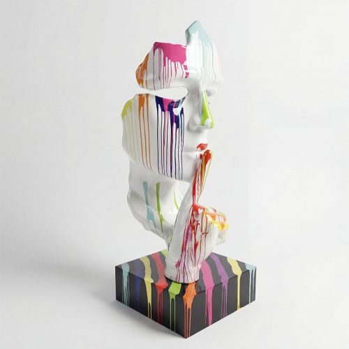 sculpture face figure in glossy white fiberglass with multicolored paint drips, contemporary decorative piece for gallery or mall displays