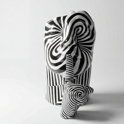 figure human head sculpture in glossy black-and-white fiberglass with hypnotic striped geometric pattern for display or advertising