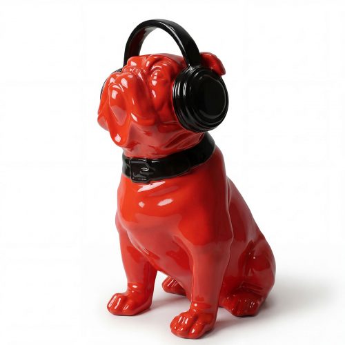 figure bulldog sculpture in glossy red fiberglass wearing black headphones and collar, modern decorative piece for shops or events