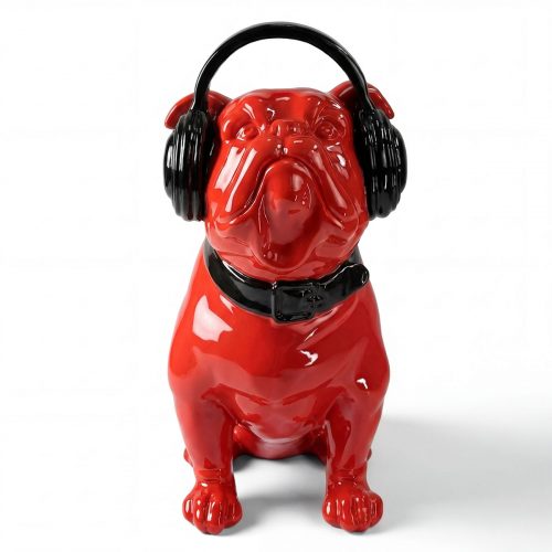 sculpture bulldog figure in glossy red fiberglass wearing black headphones and collar, modern decorative or advertising prop