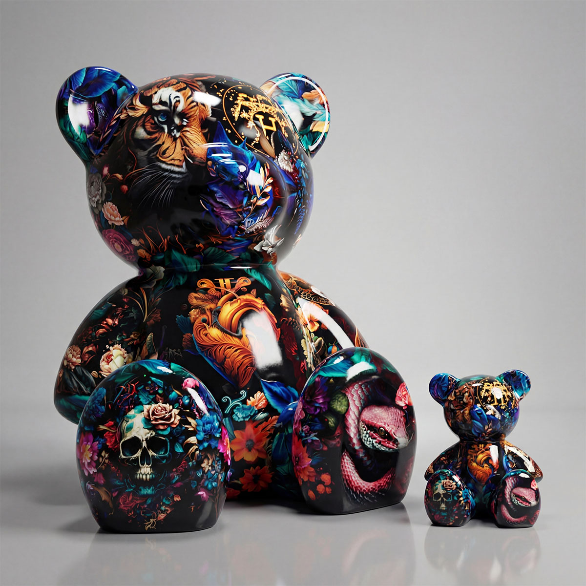 figure teddy bear sculpture in glossy fiberglass with dark floral, tiger and skull motifs, colorful artistic decor for events or retail