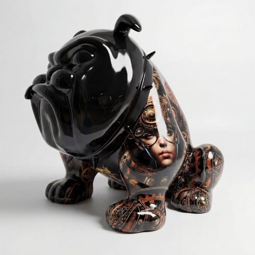 sculpture bulldog fiberglass with glossy black head and ornate steampunk brown patterned body, decorative mall or event figure