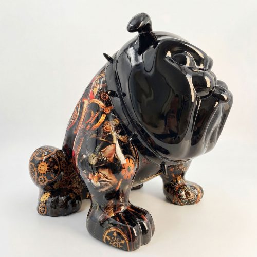 sculpture bulldog in glossy black fiberglass with steampunk gears and clockwork collage, decorative mall or event figure