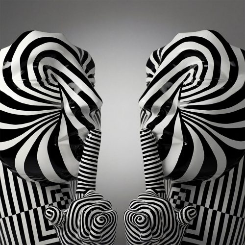 figure human heads sculpture in fiberglass with black-and-white spiral and striped optical art pattern for display or advertising