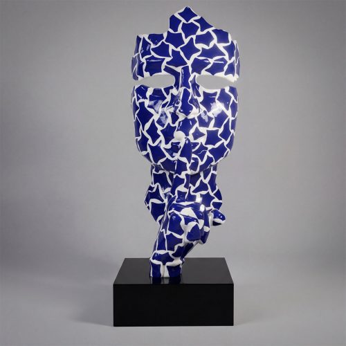 sculpture human face figure in glossy blue and white mosaic pattern, fiberglass laminate modern decorative piece for interiors or advertising