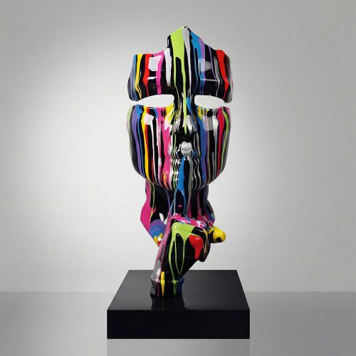 sculpture human head figure in glossy fiberglass with multicolored drip-paint stripes, modern decorative piece for interiors or events