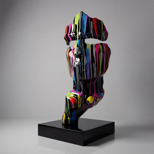 sculpture face figure in glossy fiberglass with multicolor dripping paint, modern artistic decor for gallery or mall