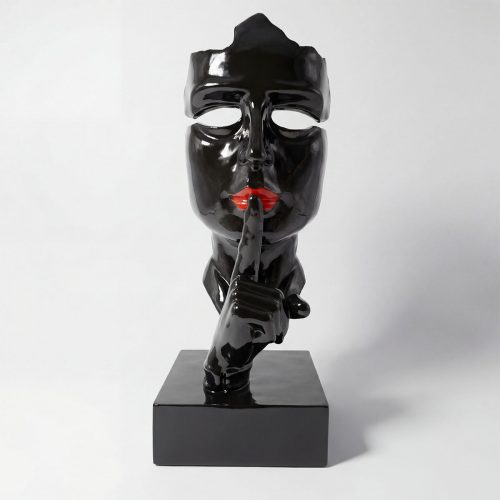 sculpture face figure in glossy black fiberglass with red lips and finger to lips, modern decorative piece for interior or advertising