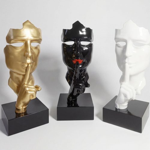 sculpture face figure in glossy black fiberglass with red lips, modern decorative piece for mall or event advertising