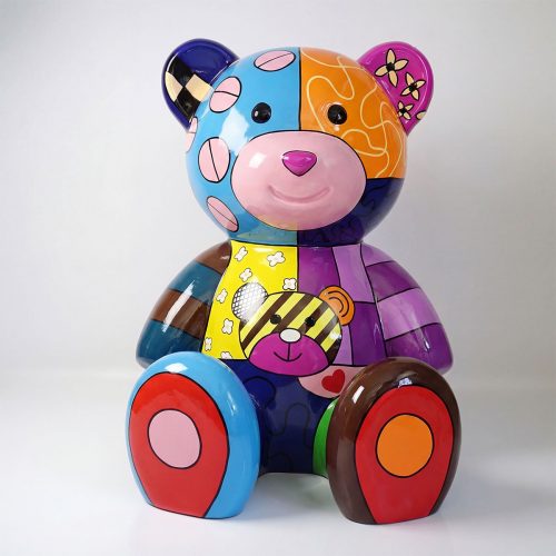 figure bear sculpture in glossy painted fiberglass, colorful patchwork pop-art style for decoration or mall advertising