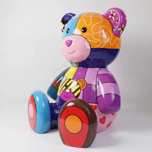 colorful fiberglass figure bear in pop-art style with patchwork patterns hearts and stripes for mall or event decor