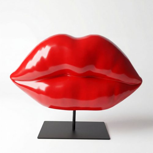 figure lips sculpture in glossy red fiberglass, stylized pop-art lips on black stand for advertising or interior decor