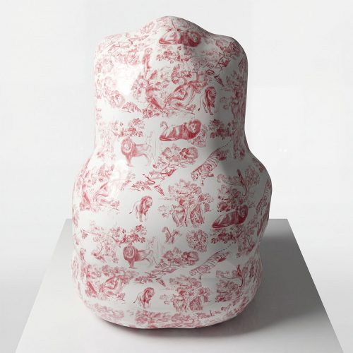 sculpture figure in glossy white fiberglass with pink toile animal print featuring lions and tigers, decorative display piece for interiors or events