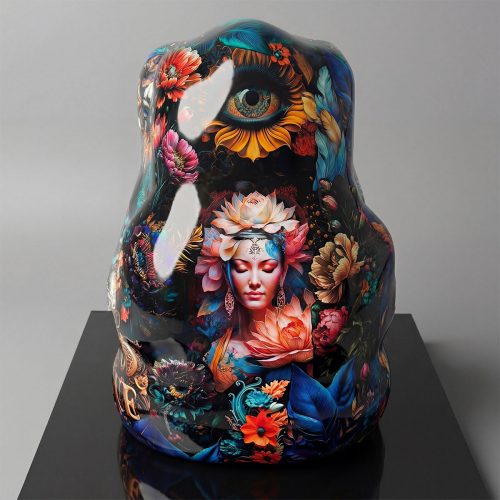 sculpture figure of a floral-decorated goddess in glossy fiberglass with vibrant surreal eye and colorful petals for display