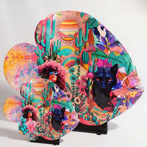 figure fish sculpture in glossy fiberglass with colorful psychedelic desert, cacti, panther and floral collage for display