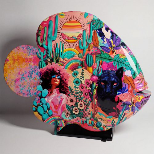 sculpture fish-shaped fiberglass figure with vibrant psychedelic pink, teal and orange mural showing woman, cacti and black panther