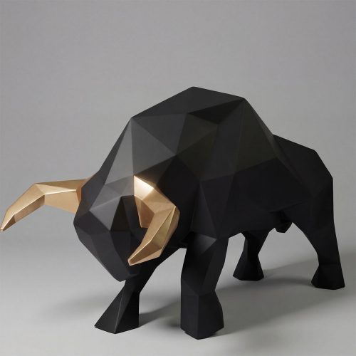 figure bull sculpture in black faceted fiberglass with gold horns, geometric modern decor for mall or event display