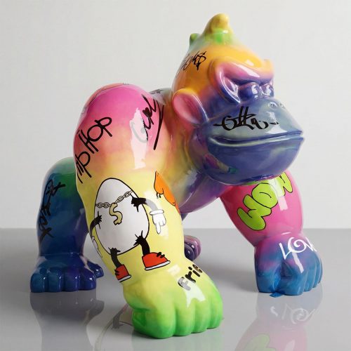 sculpture gorilla figure in multicolored gradient fiberglass with graffiti-style art, street‑art style for advertising or decor
