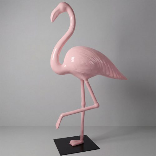 figure flamingo fiberglass sculpture in glossy pastel pink, stylized realistic form for decoration or advertising displays