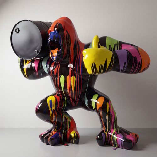 figure gorilla sculpture in glossy black fiberglass with multicolored paint drips and yellow thumb-up, for advertising or mall decor