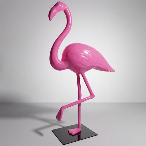 figure flamingo fiberglass sculpture in glossy bright pink, stylized realistic form for decor or advertising use