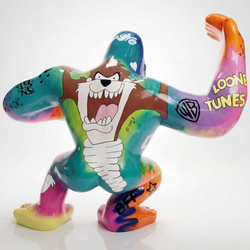 figure Tasmanian Devil sculpture in glossy fiberglass, colorful graffiti-style Looney Tunes design for mall or event decor