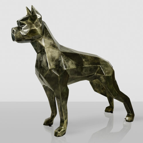 Geometric bronze sculpture of a standing dog with angular facets and reflective surface on a light gray background with a reflective floor.