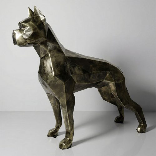 figure dog sculpture in faceted geometric style, bronze-look fiberglass for advertising or modern interior decor