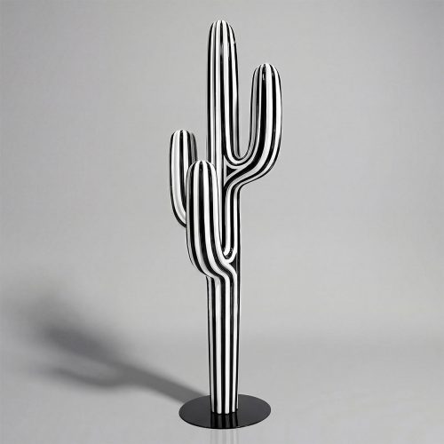 sculpture cactus figure in black-and-white striped fiberglass, modern artistic style for interior decor or retail display