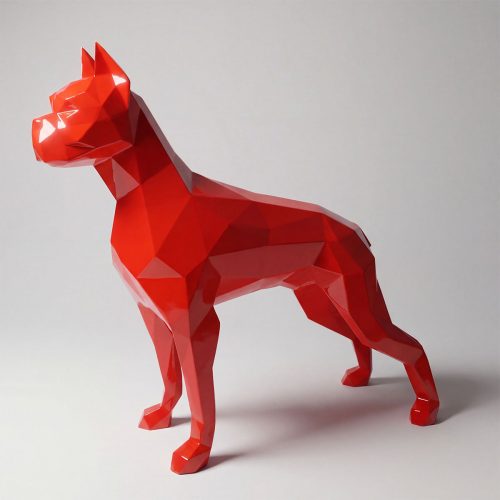 figure dog sculpture in glossy red geometric facets fiberglass style for advertising or modern interior decoration