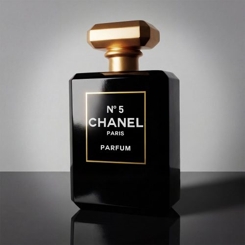 figure perfume bottle sculpture in black fiberglass with gold cap and minimalist label, elegant advertising or interior decor