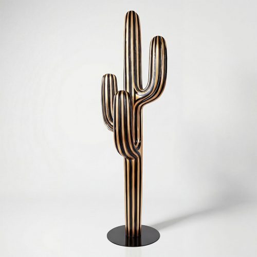 figure cactus sculpture in glossy black and gold fiberglass with striped modern design for decoration or advertising