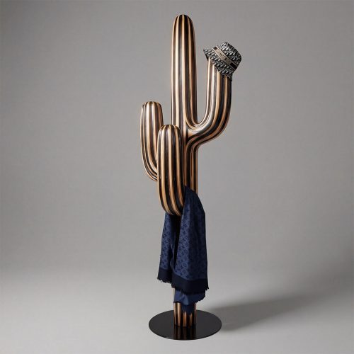 sculpture cactus figure in striped bronze-black fiberglass with a patterned hat and navy scarf, artistic decor or retail display