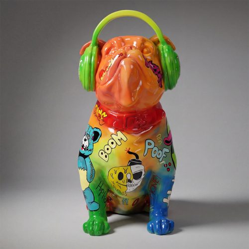 figure bulldog sculpture in glossy fiberglass with neon headphones, graffiti pop-art style multicolor for decor or advertising