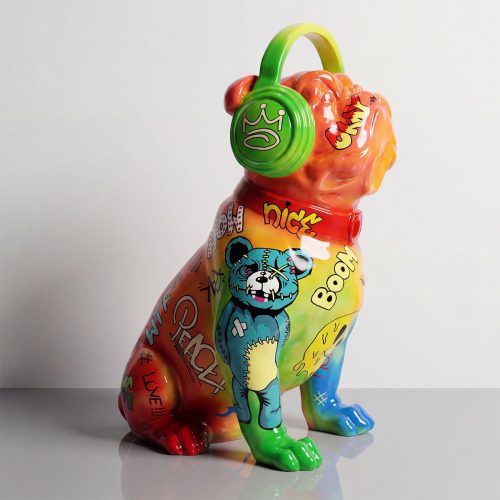 figure dog sculpture in glossy fiberglass with colorful graffiti, cartoon bear, green headphones, pop-art decor for advertising or interiors