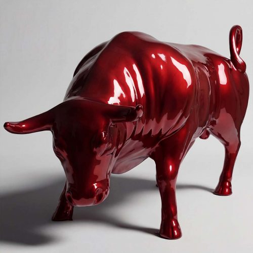 figure bull sculpture in glossy red fiberglass, stylized realistic form for advertising or mall decor