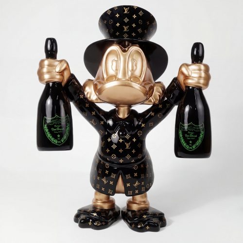 figure Donald Duck sculpture in black and gold LV pattern fiberglass holding two black champagne bottles for display