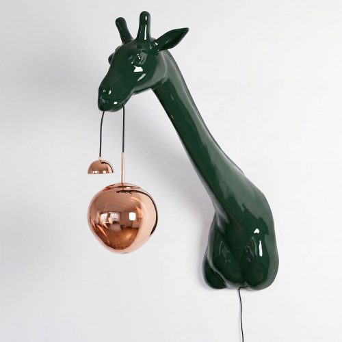 figure giraffe sculpture in glossy dark green fiberglass with copper pendant lamp, modern decorative piece for interiors or retail