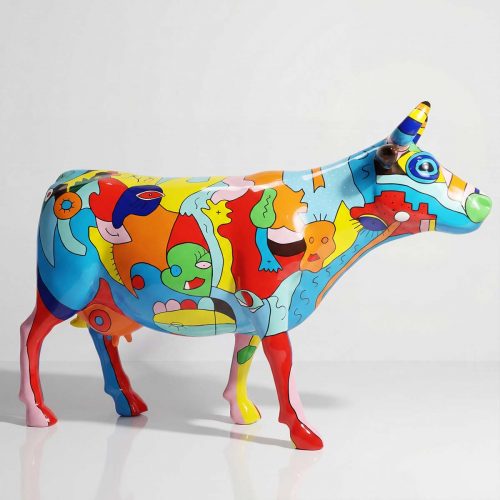 figure cow fiberglass sculpture with vibrant multicolor abstract pop-art patterns for advertising or decor