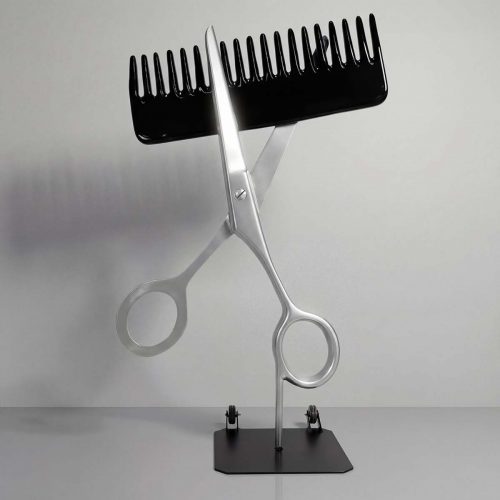 sculpture scissors and comb figure in silver and black fiberglass style for salon advertising or mall decor