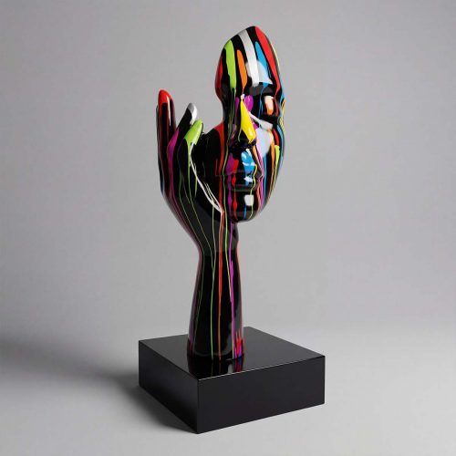 sculpture face figure in glossy black fiberglass with multicolored drip stripes, modern decorative piece for interior or retail display