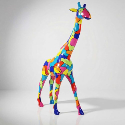 figure giraffe sculpture in glossy multicolor patchwork fiberglass, playful modern decor for malls, events, or interior displays