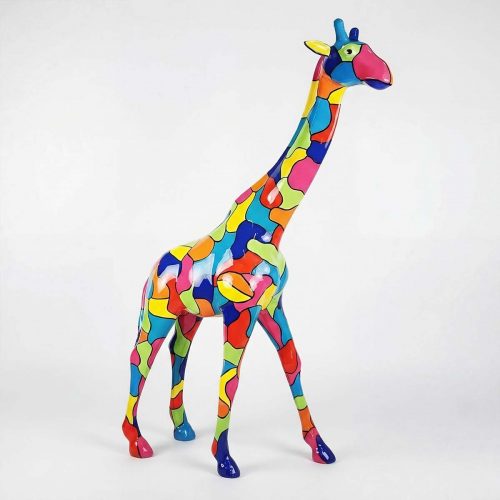 figure giraffe fiberglass sculpture with glossy multicolor patchwork, modern artistic decor for mall or event