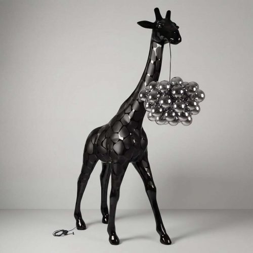 figure giraffe fiberglass sculpture in glossy black geometric pattern holding a cluster of reflective silver orbs for decor or advertising
