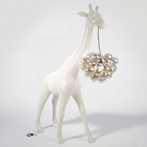 figure giraffe sculpture in glossy white fiberglass holding a cluster glass pendant lamp, whimsical decor for malls or events