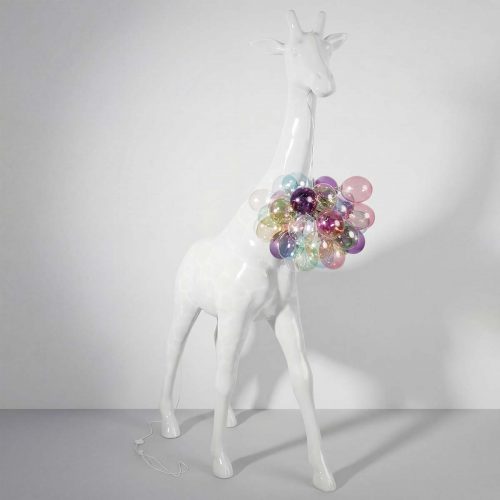 figure giraffe sculpture in glossy white fiberglass with colorful translucent bubble lamp cluster for decor or display
