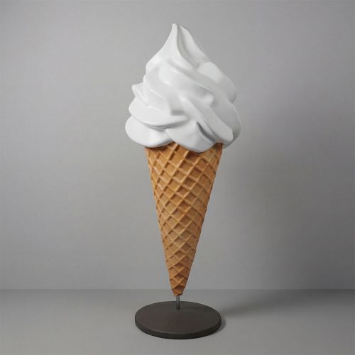 figure ice cream cone sculpture in fiberglass and laminate, realistic white swirl and waffle cone for advertising or mall display
