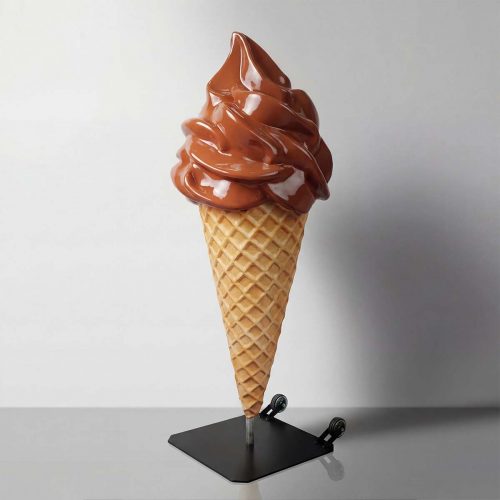 figure ice cream cone sculpture in glossy brown soft-serve on waffle cone, fiberglass laminate advertising prop for shops or events